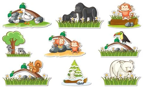 Sticker set with different wild animals and nature elements Stock Illustration