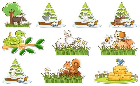 Sticker set with different wild animals and nature elements Stock Illustration