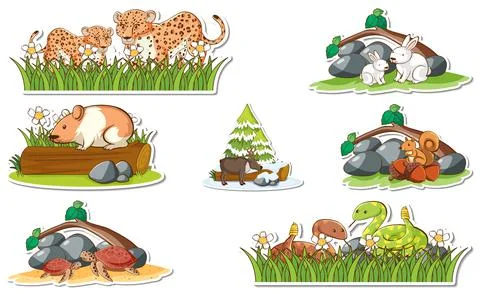 Sticker set with different wild animals and nature elements Stock Illustration