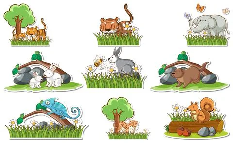Sticker set with different wild animals and nature elements Stock Illustration