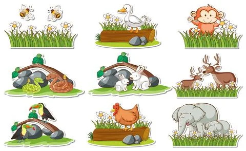 Sticker set with different wild animals and nature elements Stockillustratie