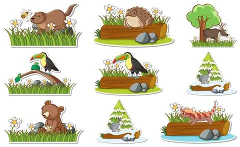 Sticker set with different wild animals and nature elements Stock Illustration