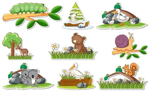 Sticker set with different wild animals and nature elements Stockillustratie