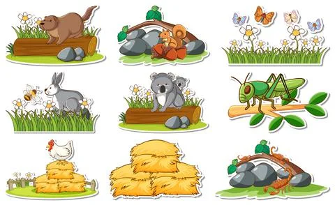 Sticker set with different wild animals and nature elements Stock Illustration