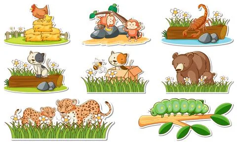 Sticker set with different wild animals and nature elements Stock Illustration