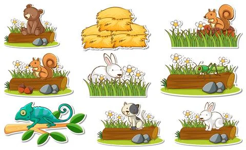 Sticker set with different wild animals and nature elements Stockillustratie
