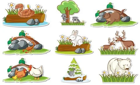Sticker set with different wild animals and nature elements Illustrazione stock