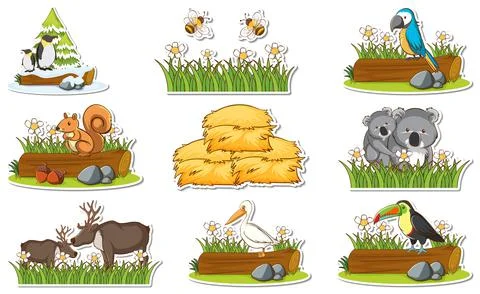 Sticker set with different wild animals and nature elements Illustrazione stock