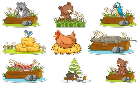 Sticker set with different wild animals and nature elements Stock Illustration