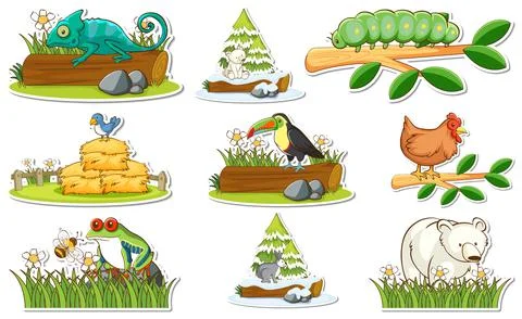 Sticker set with different wild animals and nature elements Stock Illustration