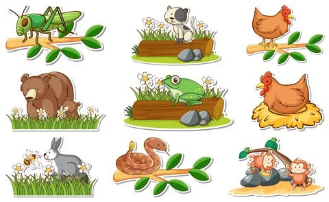 Sticker set with different wild animals and nature elements Stockillustratie