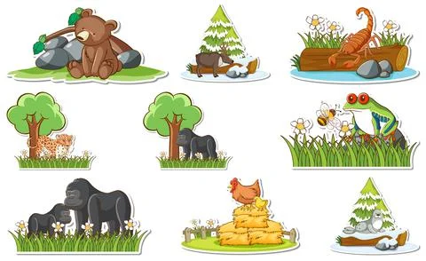 Sticker set with different wild animals and nature elements Illustrazione stock