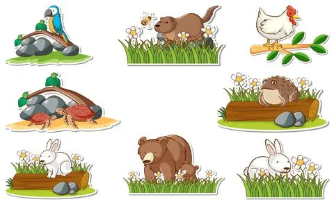 Sticker set with different wild animals and nature elements Stock Illustration