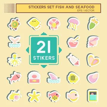 Sticker Set Fish and Seafood. suitable for seafood symbol. simple design edit Stock Illustration