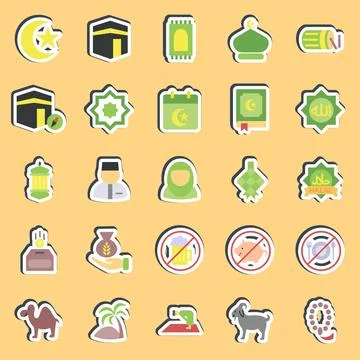 Sticker set of islamic. Islamic elements of Ramadhan, Eid Al Fitr, Eid Al A.. Stock Illustration