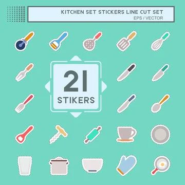 Sticker Set Kitchen Set- Line Cut - Simple illustration,Editable stroke Stock Illustration