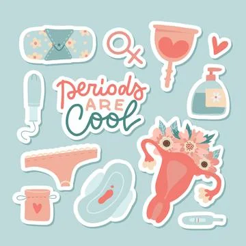 Sticker set of menstruation, period elements, uterus. Collection of flowers 스톡 일러스트