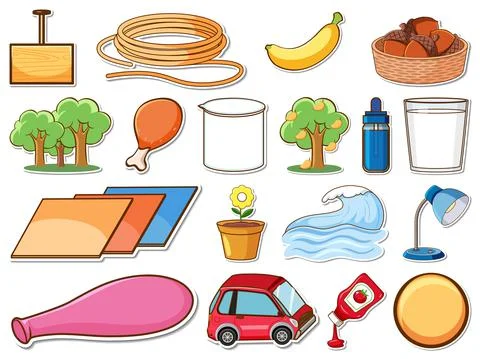 Sticker set of mixed daily objects Stock Illustration