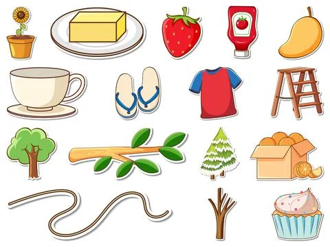 Sticker set of mixed daily objects Stock Illustration