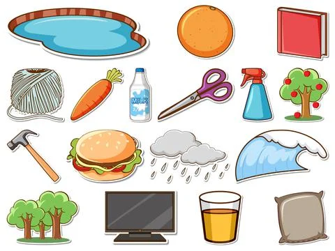 Sticker set of mixed daily objects Stock Illustration