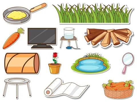 Sticker set of mixed daily objects Stock Illustration