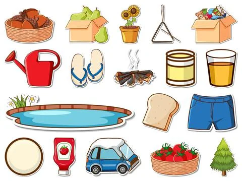 Sticker set of mixed daily objects Stock Illustration