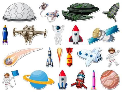 Sticker set of outer space objects and astronauts Stock Illustration