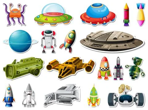 Sticker set of outer space objects and astronauts Stock Illustration