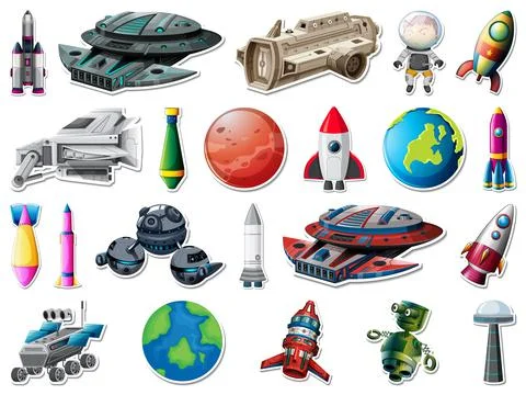 Sticker set of outer space objects and astronauts Stock Illustration