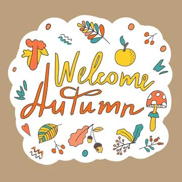 Sticker set from a set of leaves, berries and autumn fruits. Hello, Autumn. S Stock Illustration