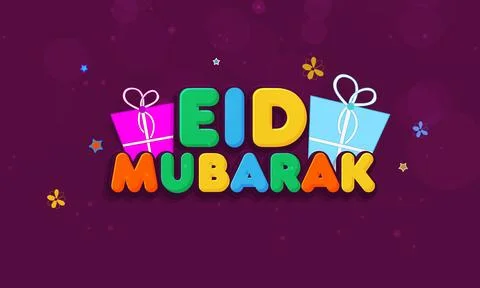 Sticker Style Colorful Eid Mubarak Font with Gift Boxes, Stars, Flowers Dec.. Stock Illustration