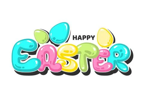 Sticker Style Colorful Happy Easter Text with Eggs on White Background. Stock Illustration
