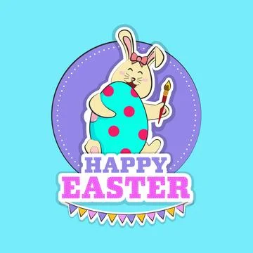 Sticker Style Happy Easter Font with Cartoon Bunny Holding Colored Egg and .. 库存插图