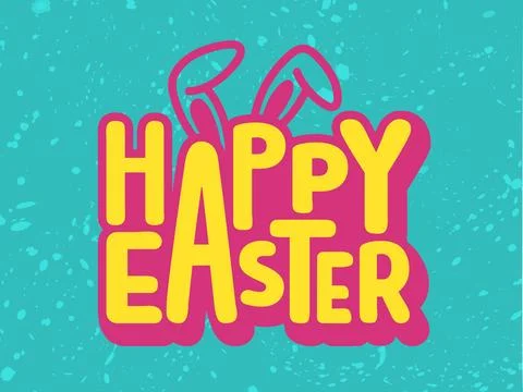 Sticker Style Happy Easter Text with Rabbit Ears on Turquoise Texture Backg.. イラスト素材