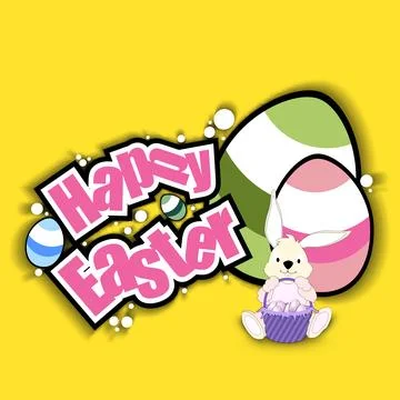Sticker Style Happy Easter Typography Text with Cute Bunny Cartoon Holding .. Stock Illustration