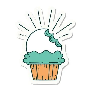 Sticker of tattoo style cupcake with missing bite Stock Illustration