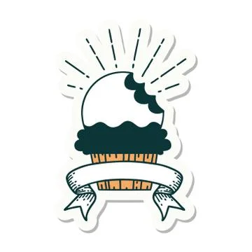Sticker of tattoo style cupcake with missing bite Stock Illustration