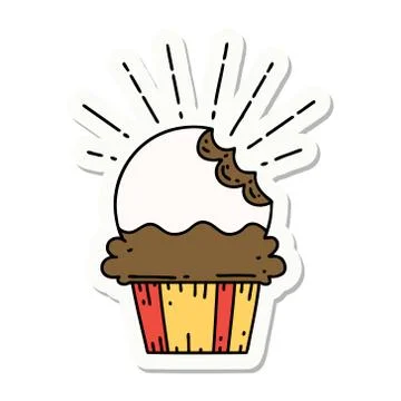 Sticker of tattoo style cupcake with missing bite Stock Illustration