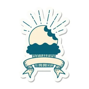 Sticker of tattoo style cupcake with missing bite Stock Illustration