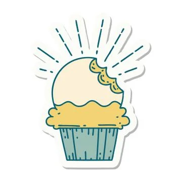 Sticker of tattoo style cupcake with missing bite Illustrazione stock