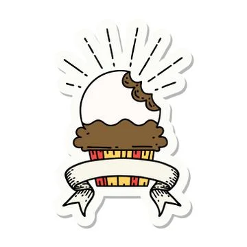 Sticker of tattoo style cupcake with missing bite Illustrazione stock