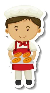 Sticker template with a baker boy holds baked tray isolated Illustrazione stock