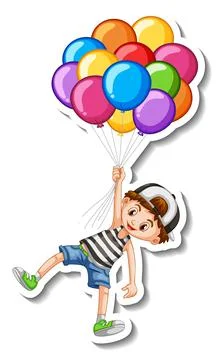 Sticker template with a boy flying with many balloons isolated 스톡 일러스트