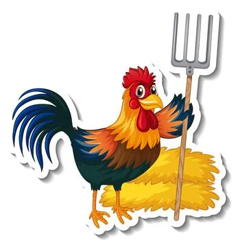 Sticker template with a chicken holding rake cartoon character isolated Stock Illustration