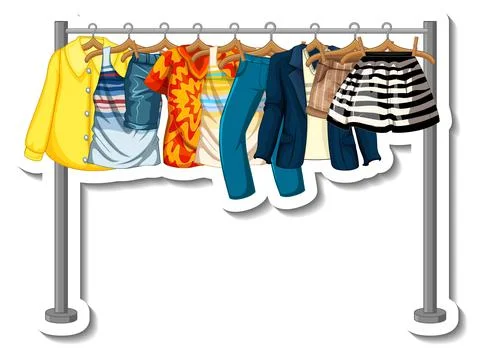 A sticker template of Clothes racks with many clothes on hangers on white bac 스톡 일러스트