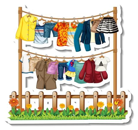 A sticker template of Clothes racks with many clothes on hangers on white bac Illustrazione stock