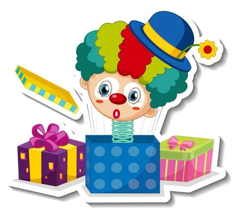 Sticker template with cute clown on a spring in the box Stock Illustration