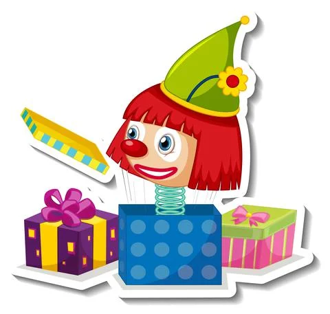 Sticker template with cute clown on a spring in the box 스톡 일러스트