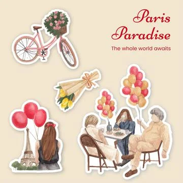 Sticker template with Eifel in Paris lover concept,watercolor style Stock Illustration