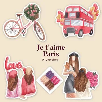 Sticker template with Eifel in Paris lover concept,watercolor style Stock Illustration